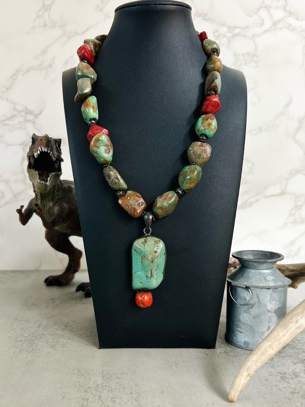 Paige Wallace for Marushka Sterling Coral Turquoise Pendant Necklace 19in